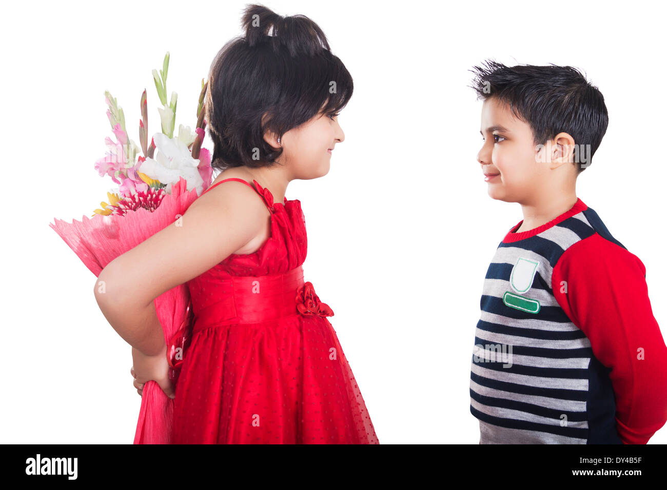 Indian Kids Couple Bouquet  Presents Stock Photo