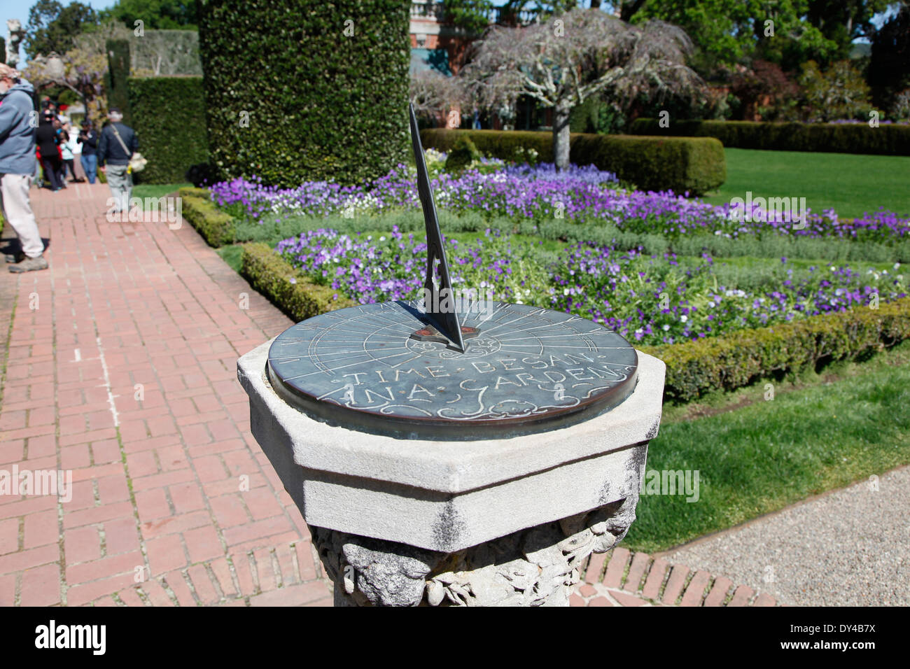 A sundial sets in the gardens at the Filoli estate. Stock Photo