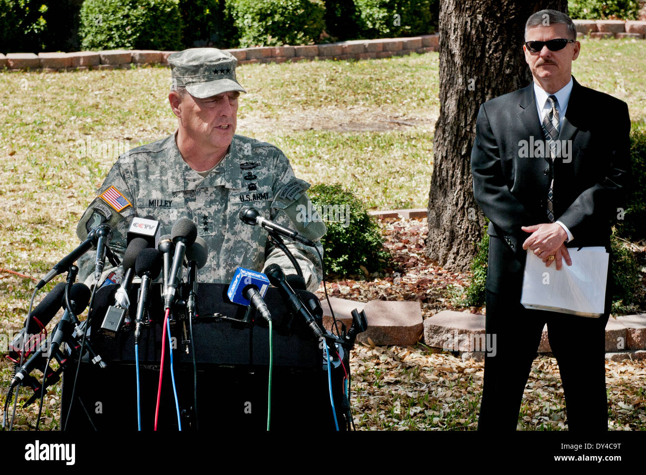 US Army Lt. Gen. Mark Milley, commander of Fort Hood, holds a media update on the shooting that killed three people April 5, 2014 in Fort Hood, Texas. Stock Photo