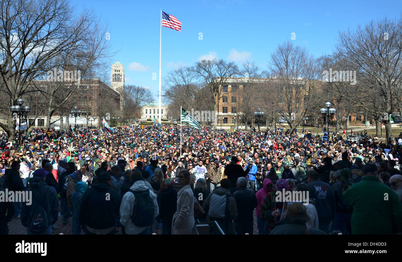 View of the crowd from the stage at the 43rd annual Hash Bash rally in Ann Arbor, MI April 5 2014. Stock Photo