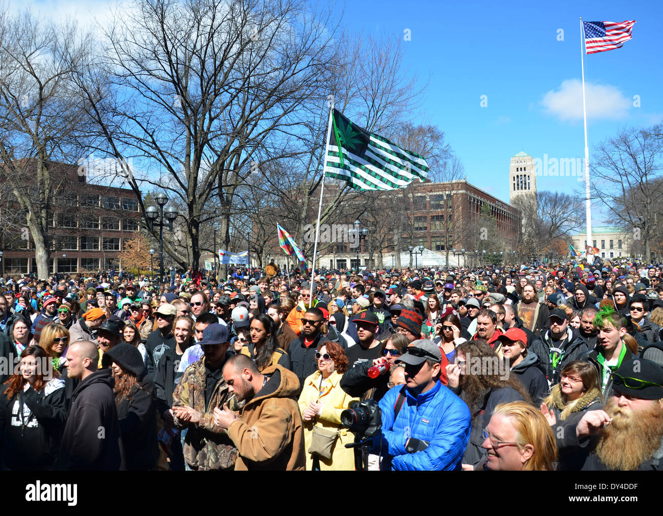 A crowd attends the 43rd annual Hash Bash rally in Ann Arbor, MI April 5, 2014. Stock Photo