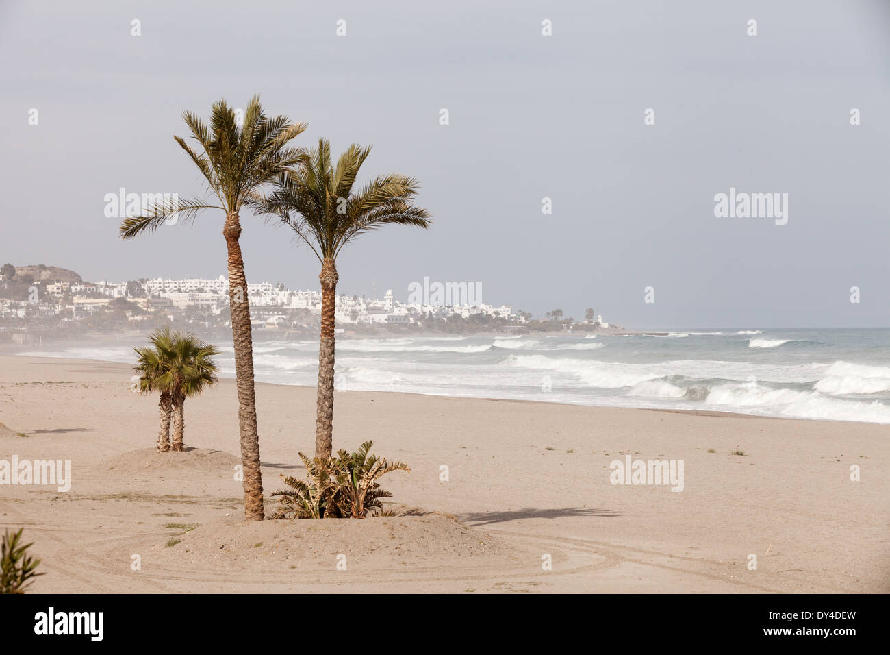 The beach and Mediterranean sea at Mojacar , Almeria, Andalusia coast, Spain Europe Stock Photo