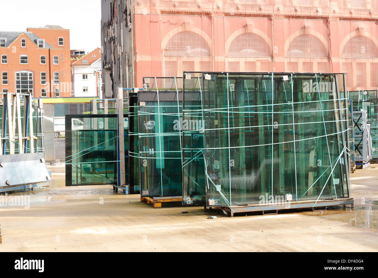 Stillages of Glass ready for installation in a new building project. October 2013. Stock Photo