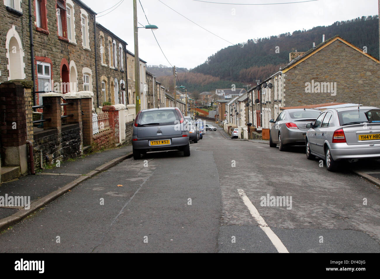 Typical Welsh town street in Abertillery, car parked on both sides of