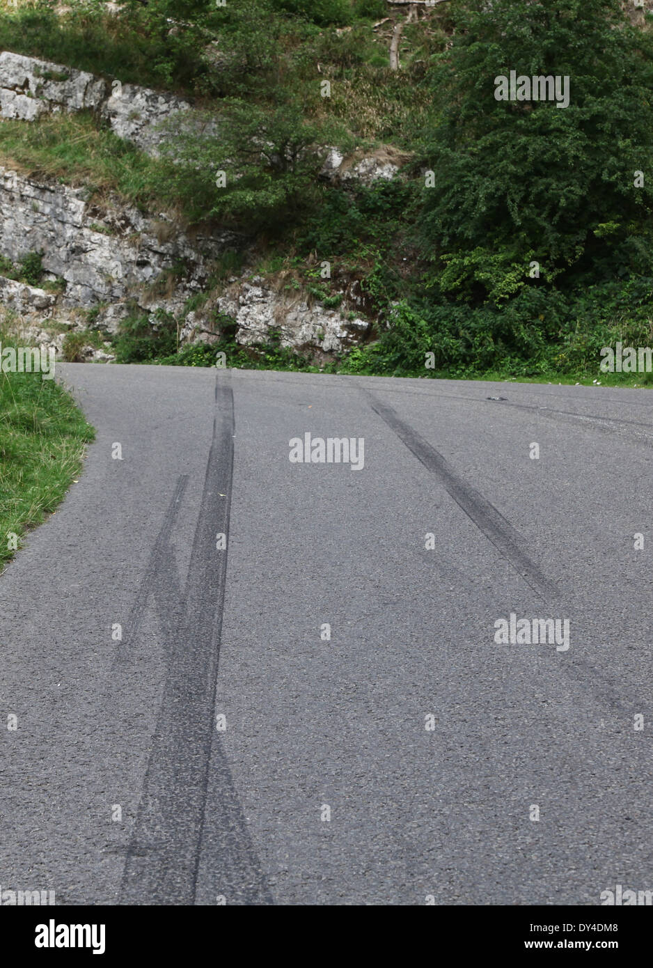 September 2013 - Tyre marks left on the road following a car accident in Cheddar gorge, Somerset. Stock Photo