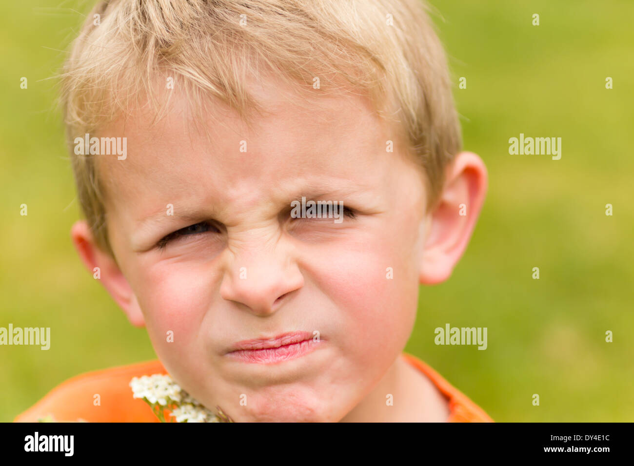 Young boy with a displeased look on his face Stock Photo