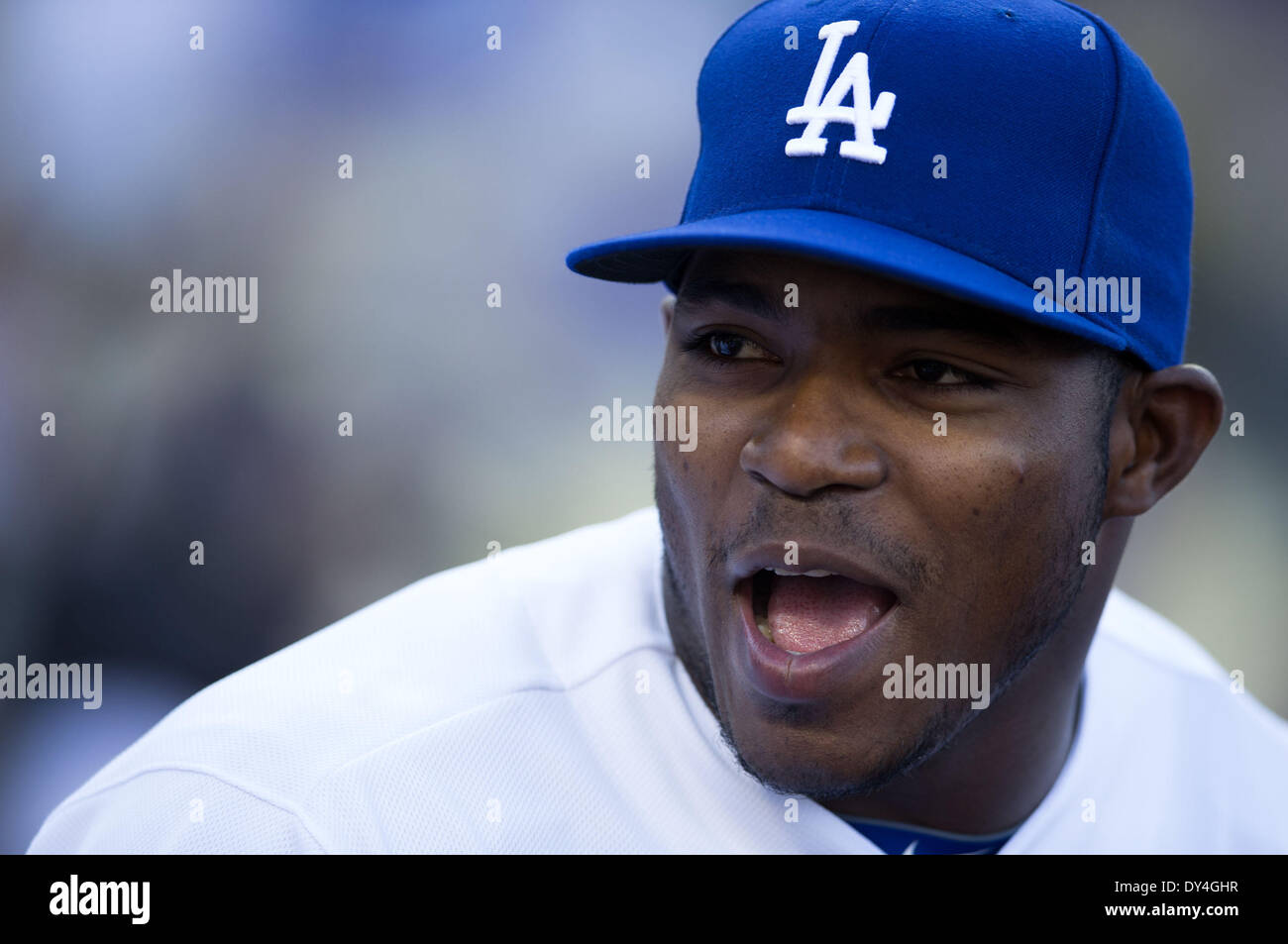 Los Angeles, CA, USA. 6th Apr, 2014. April 6, 2014 - Los Angeles, CA, United States of America - Los Angeles Dodgers right fielder Yasiel Puig (66) during the MLB game between San Francisco Giants and Los Angeles Dodgers at the Dodgers Stadium in Los Angeles, CA. © csm/Alamy Live News Stock Photo