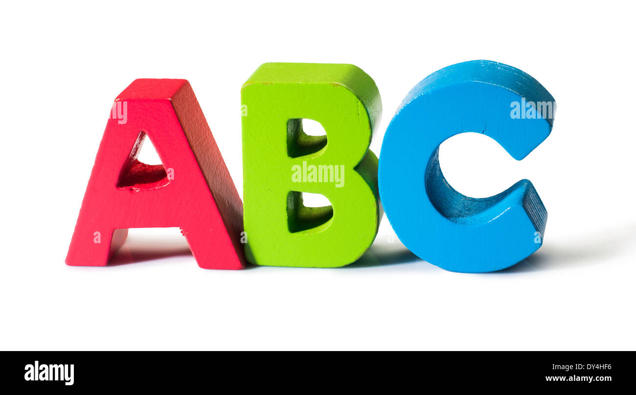 Multicolored letters A B C made of wood. Stock Photo