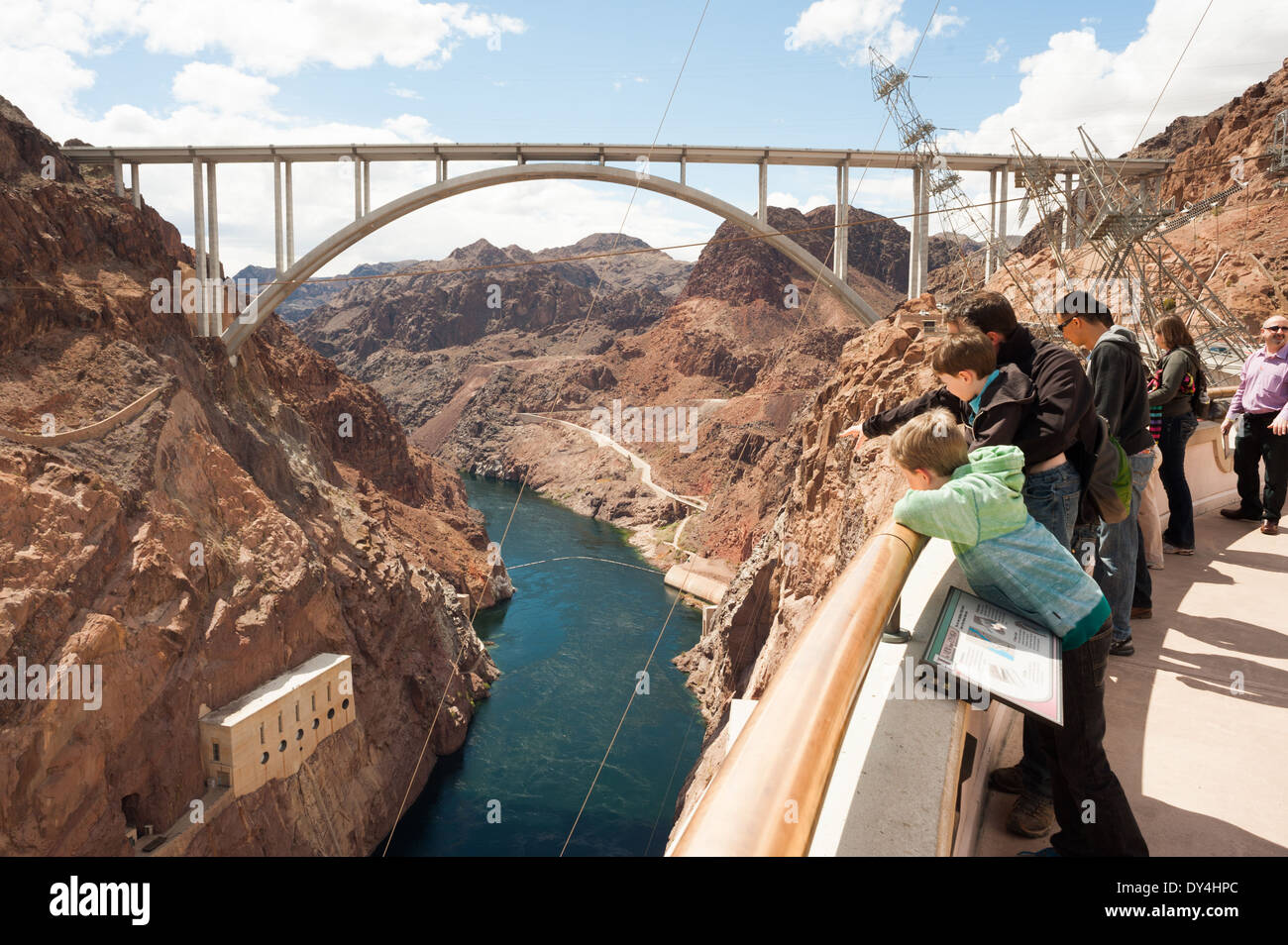Tourists enjoy the view from the visitor center of Hoover Dam, Nevada