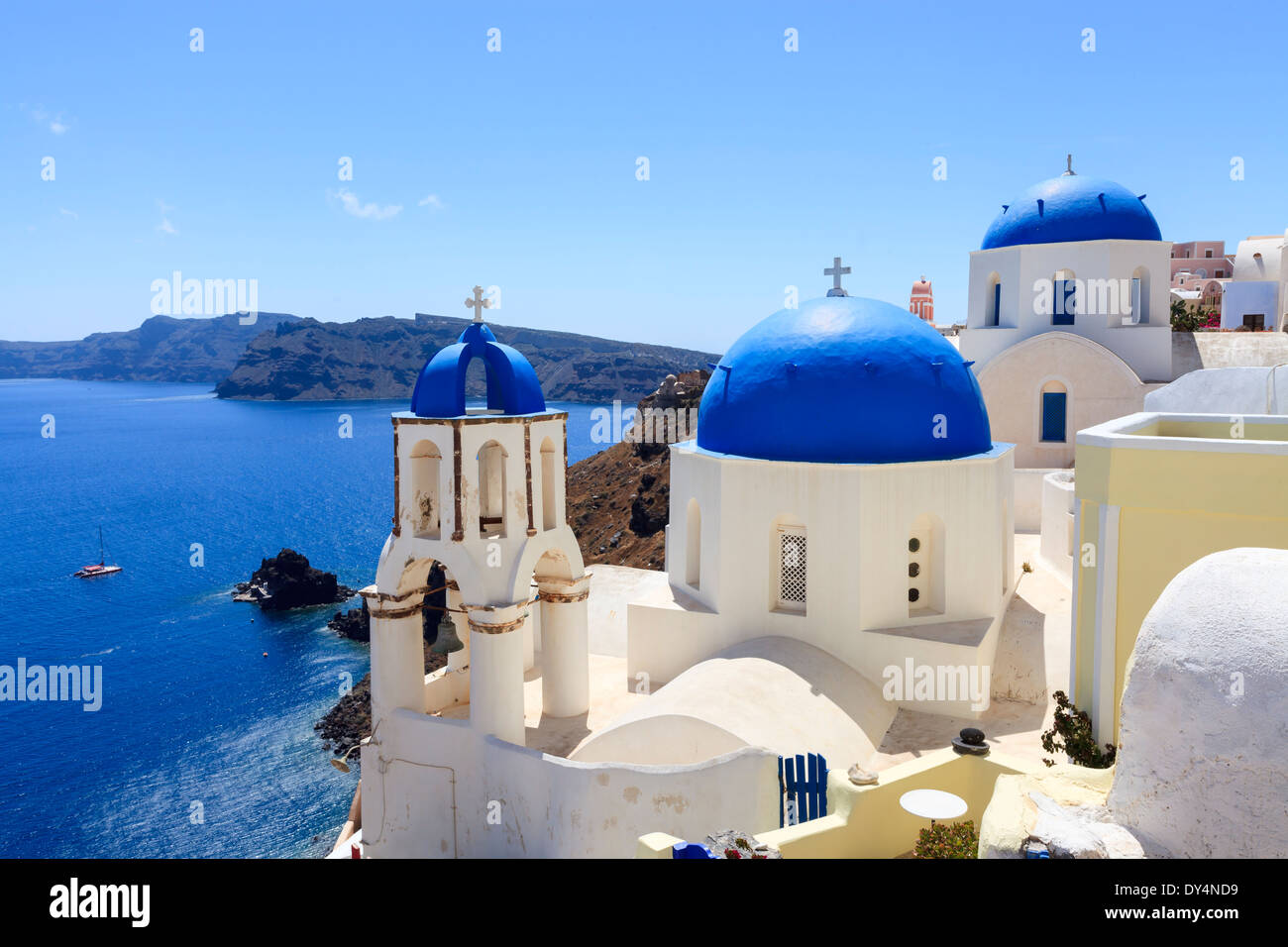 Blue domed church at Oia Santorini Greece Europe Stock Photo