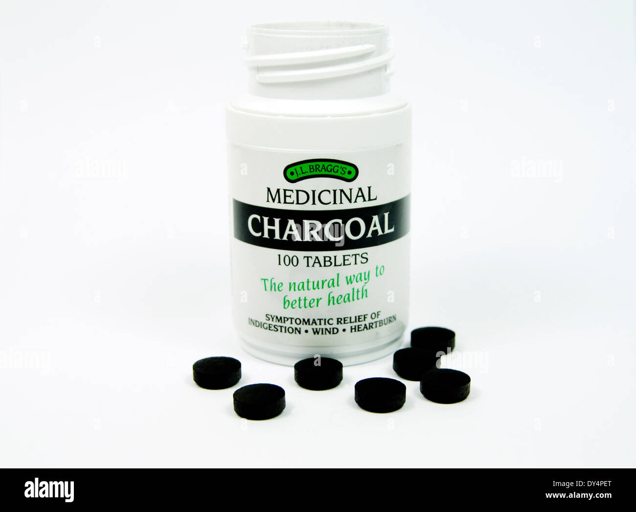 Bottle of Medicinal Charcoal tablets. Stock Photo