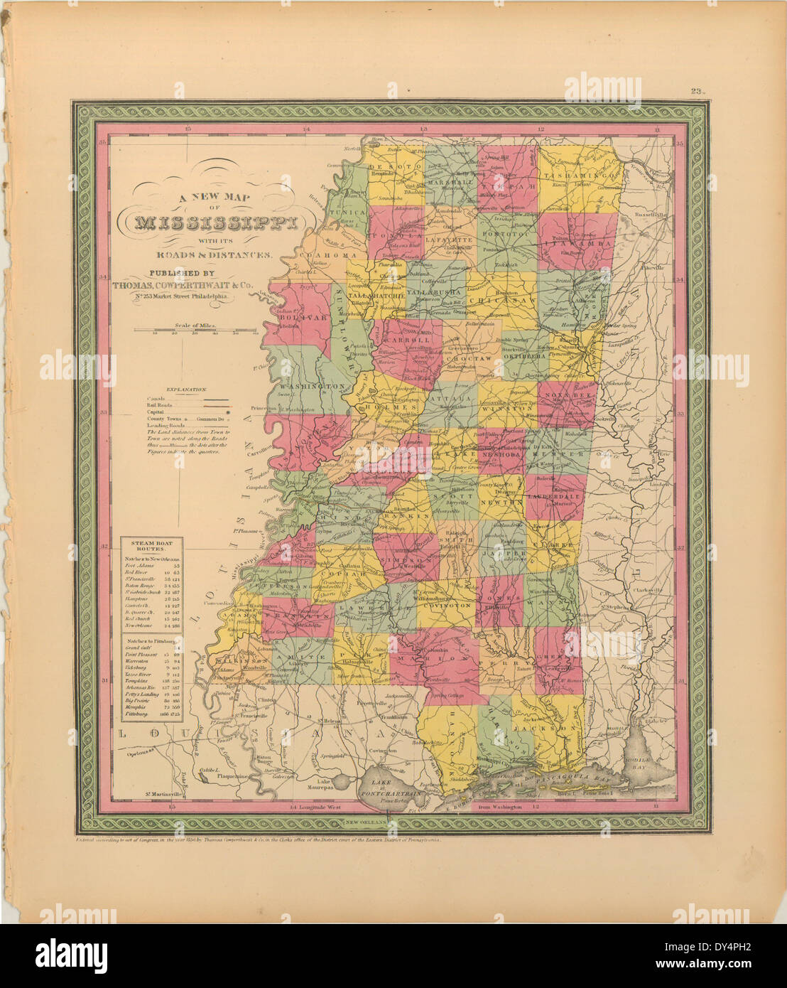 A new map of Mississippi with its roads and distances Stock Photo Alamy