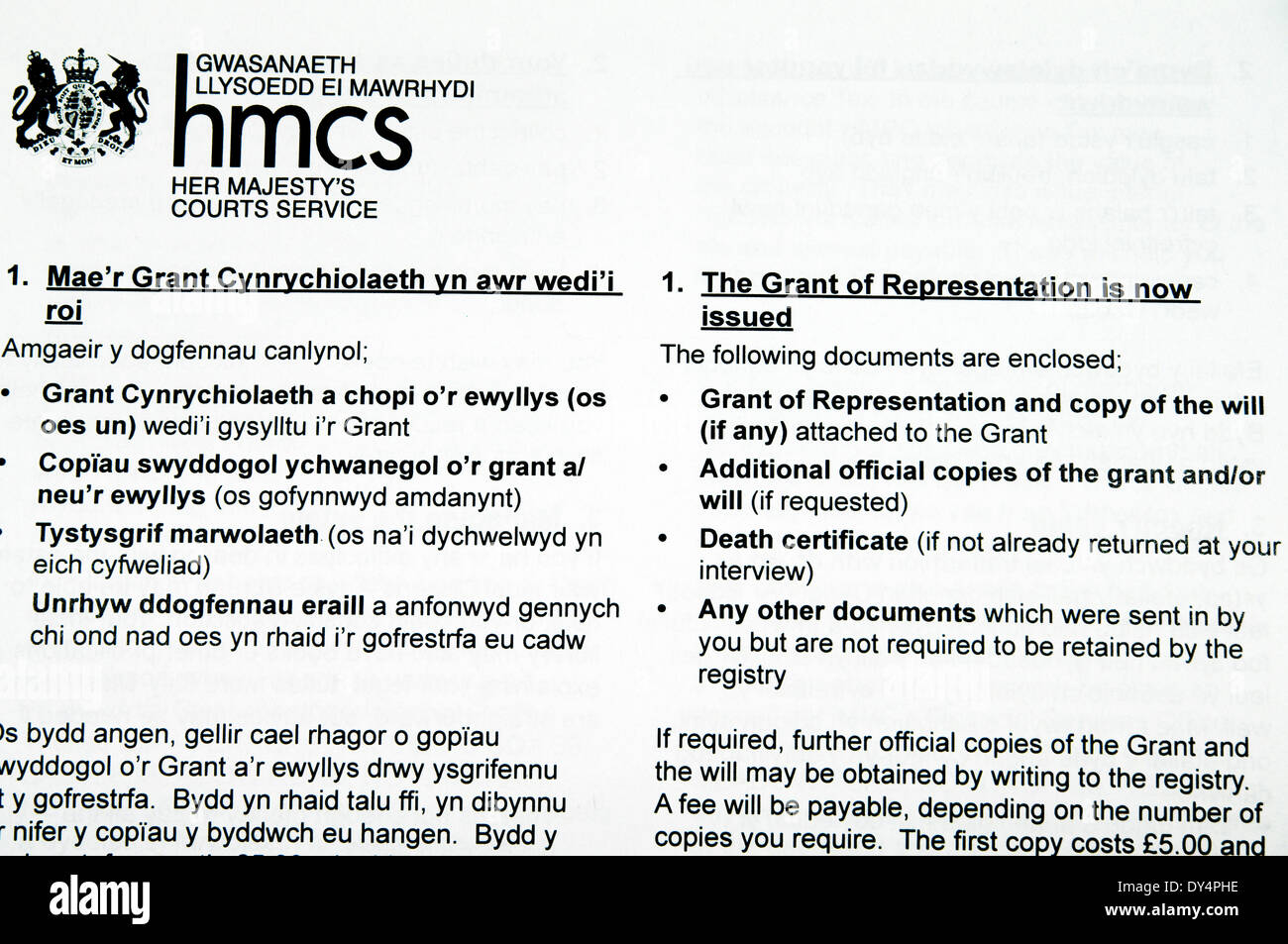 Grant of Representation form in English and Welsh issued by 