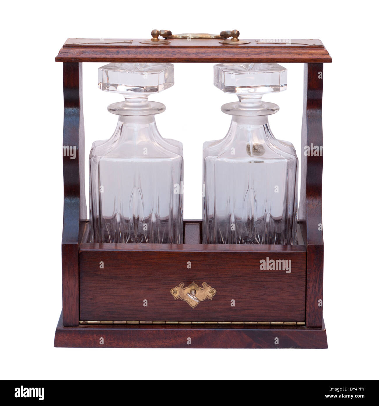 Wooden Tantalus with 2 Lead Crystal Decanters Stock Photo