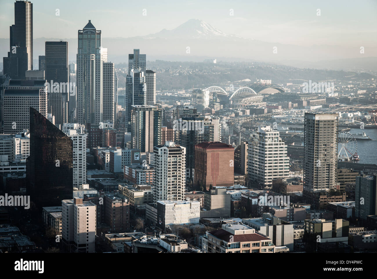 Aerial photo, seattle, USA, desaturated, mount rainier in the back ground, view of skyscrapers from the spaceneedle, harbour, Stock Photo