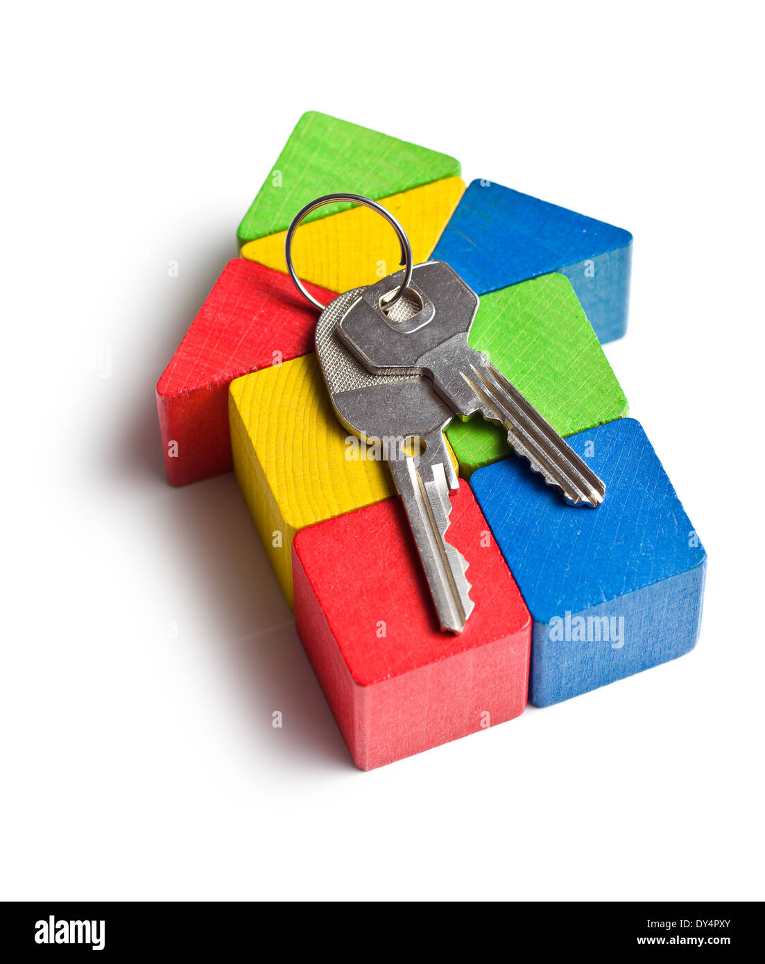 the house made from wooden toy blocks with keys Stock Photo