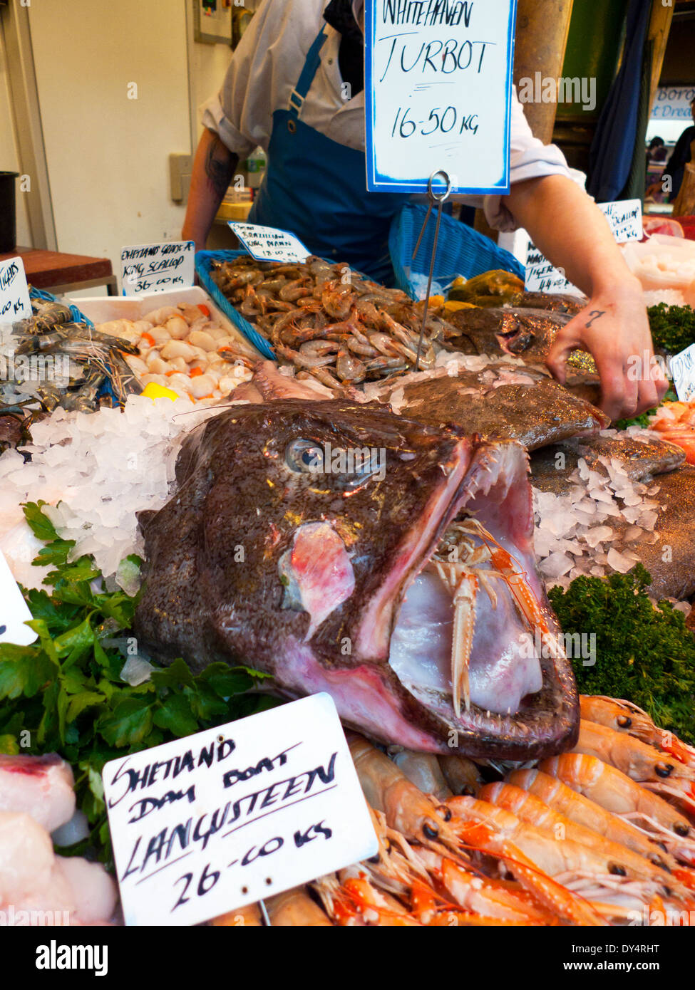 Scottish Shetland Monkfish Tail, Langousteen on ice with price tags for sale in Borough Market Southwark London, UK KATHY DEWITT Stock Photo