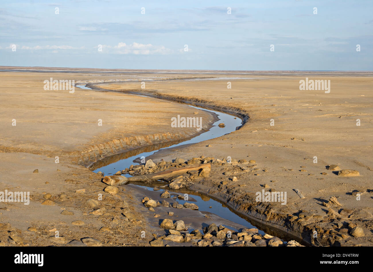 Brook in a deserted land near salty lake Baskunchak Stock Photo