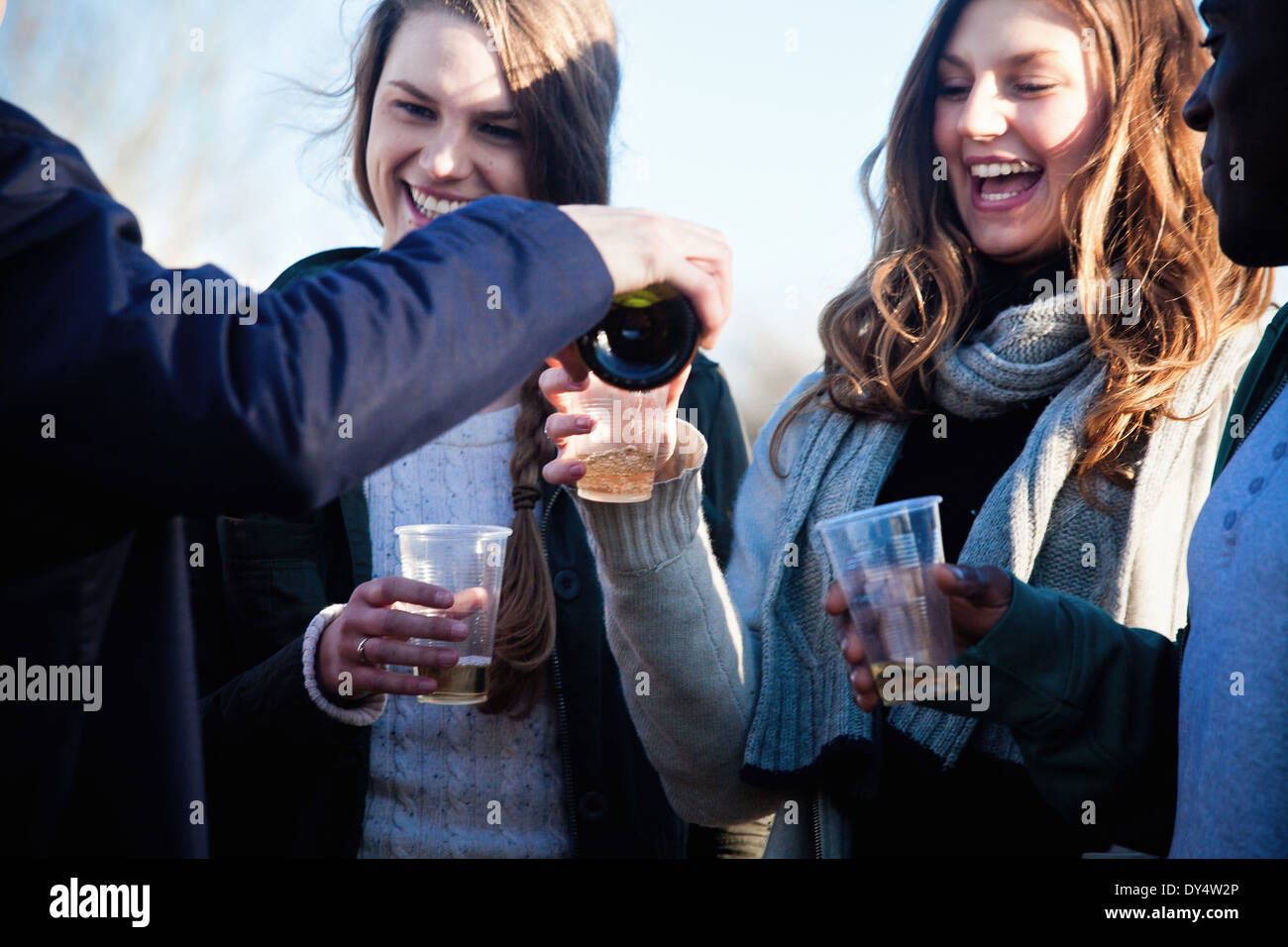 Young adult friends enjoying white wine outdoors Stock Photo