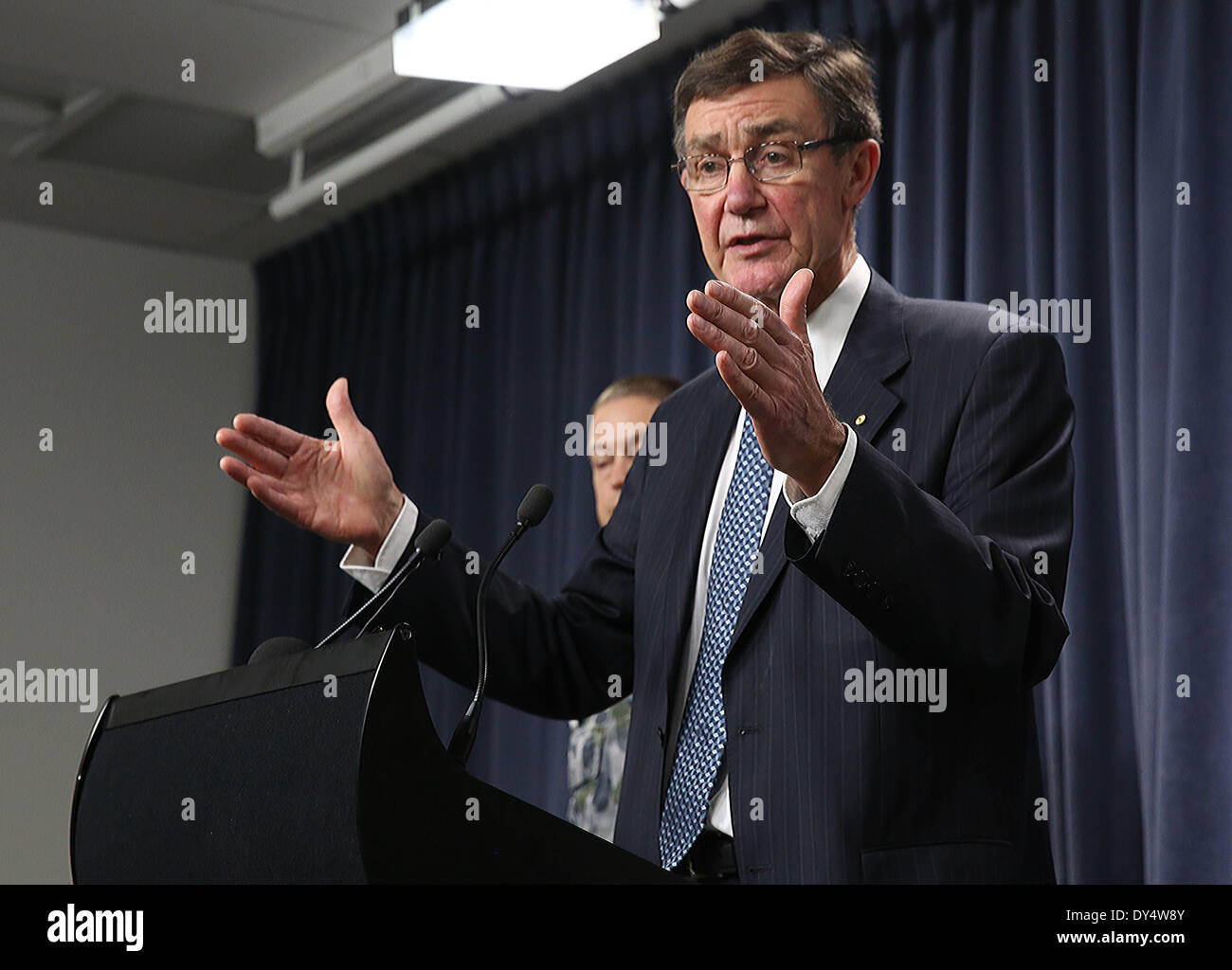 Perth, Australia. 7th April, 2014. Angus Houston, head of the Joint Agency Coordination Center (JACC) for the searching of the missing Malaysian flight MH370 speaks during a news conference in Perth, Australia, on April 7, 2014. An Australian vessel searching the missing Malaysian flight 370 has detected electronic pulse signals probably related to the black box in the Indian Ocean during the past 24 hours. However, the unsuccessful effort to reacquire the signal later may suggest the battery may finish in a very short time, according to searching officials and U.S. Navy technicians. Stock Photo