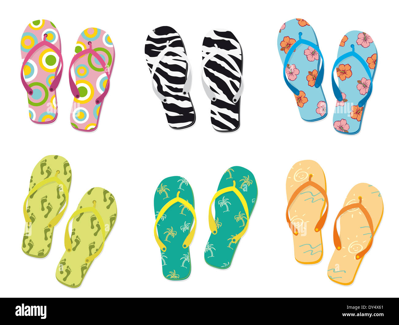Six pairs of flip flops with colorful patterns on white background ...