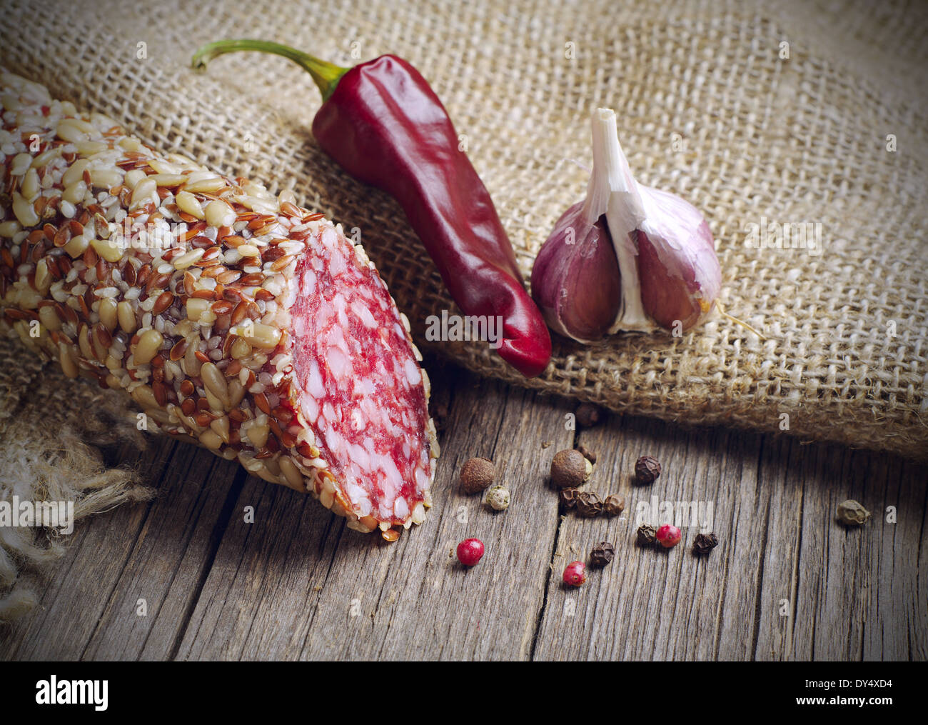 Piece of sausage with sunflower seeds, dry chili and garlic Stock Photo
