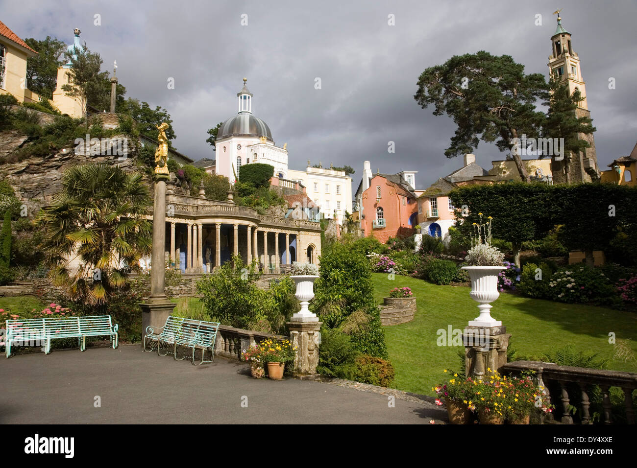 Village and ornamental gardens, Portmeirion, Wales, United Kingdom Stock Photo