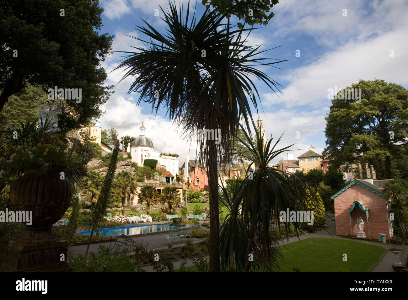 Palm tress and ornamental gardens, Portmeirion, Wales, United Kingdom Stock Photo