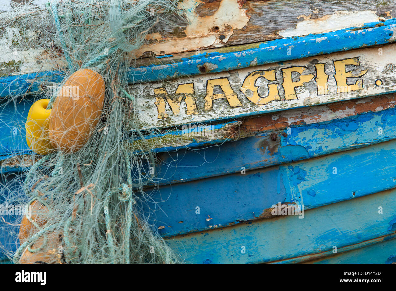 Boat name 'Magpie', Holy Island, Lindisfarne, England Stock Photo
