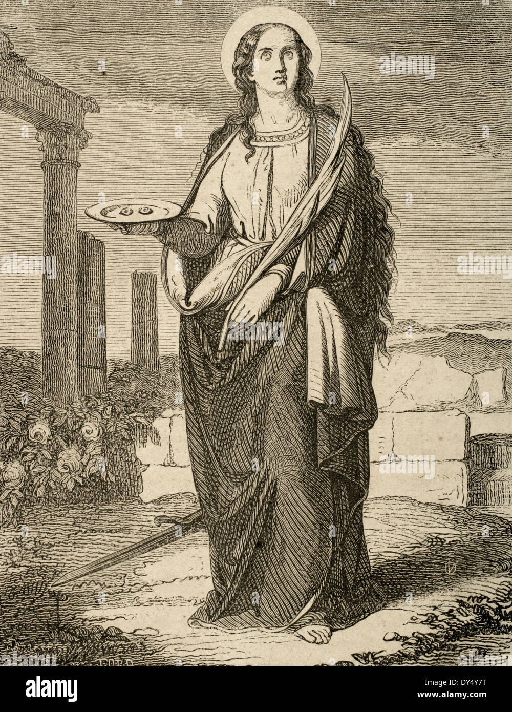Saint Lucia of Syracuse (283-304). Christian martyr. Engraving by Tord. Christian Year, 1853. Stock Photo