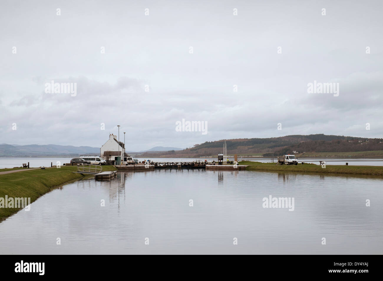 The Caledonian Canal in Inverness looking towards the Beauly Firth. Stock Photo