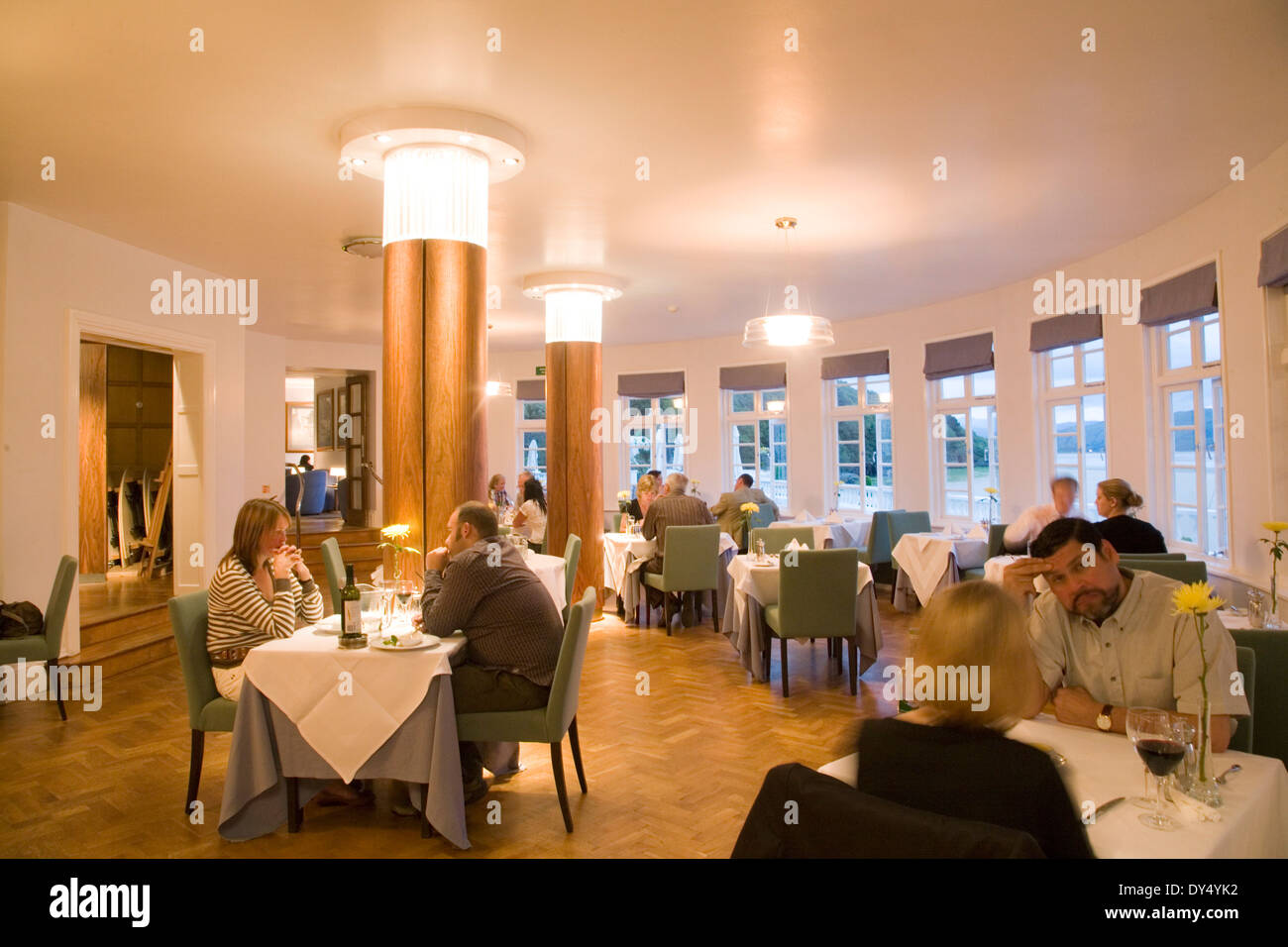 Portmeirion hotel restaurant, guests at dinner. Portmeirion, North Wales, United Kingdom Stock Photo