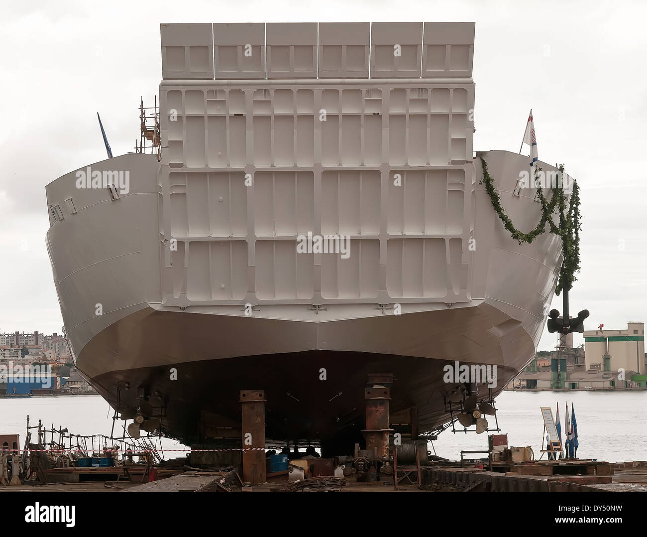 launching new ferryboat in shipyard Stock Photo