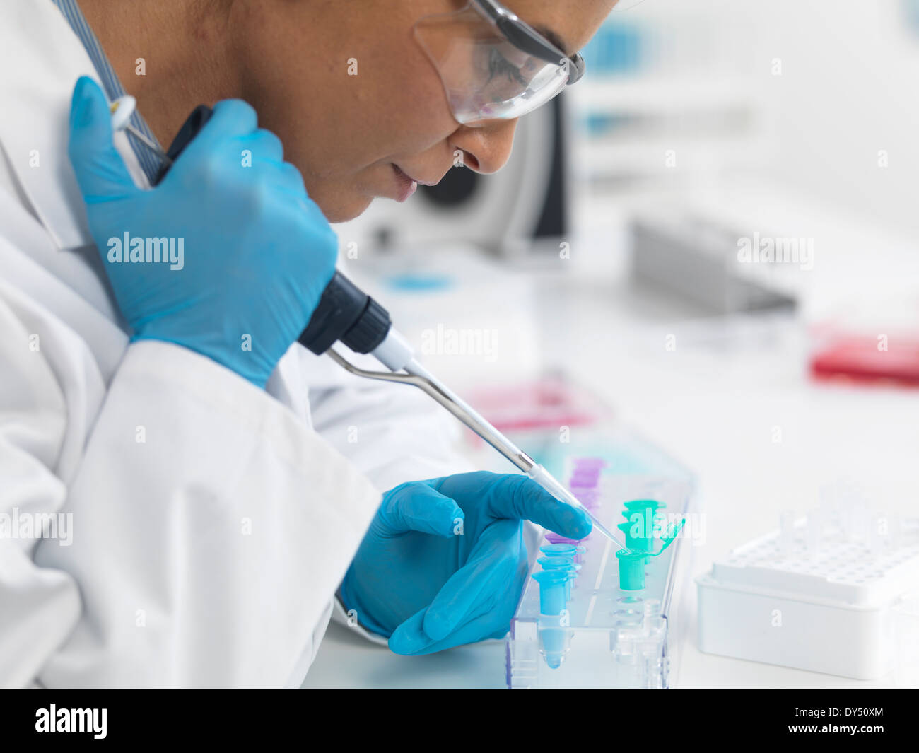 Female scientist pipetting DNA samples for testing Stock Photo