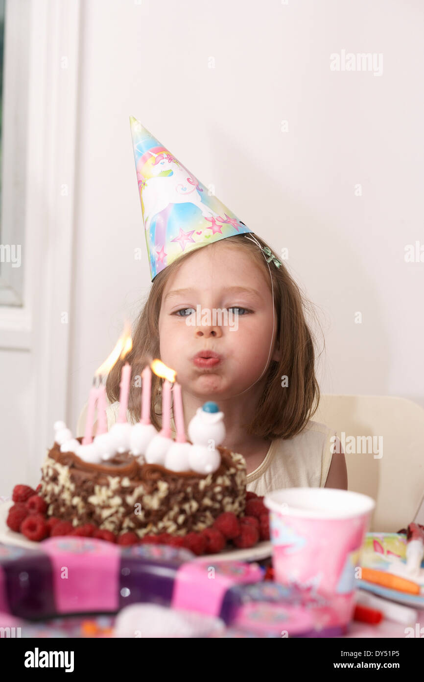 Girl blowing out candles on her birthday cake Stock Photo Alamy