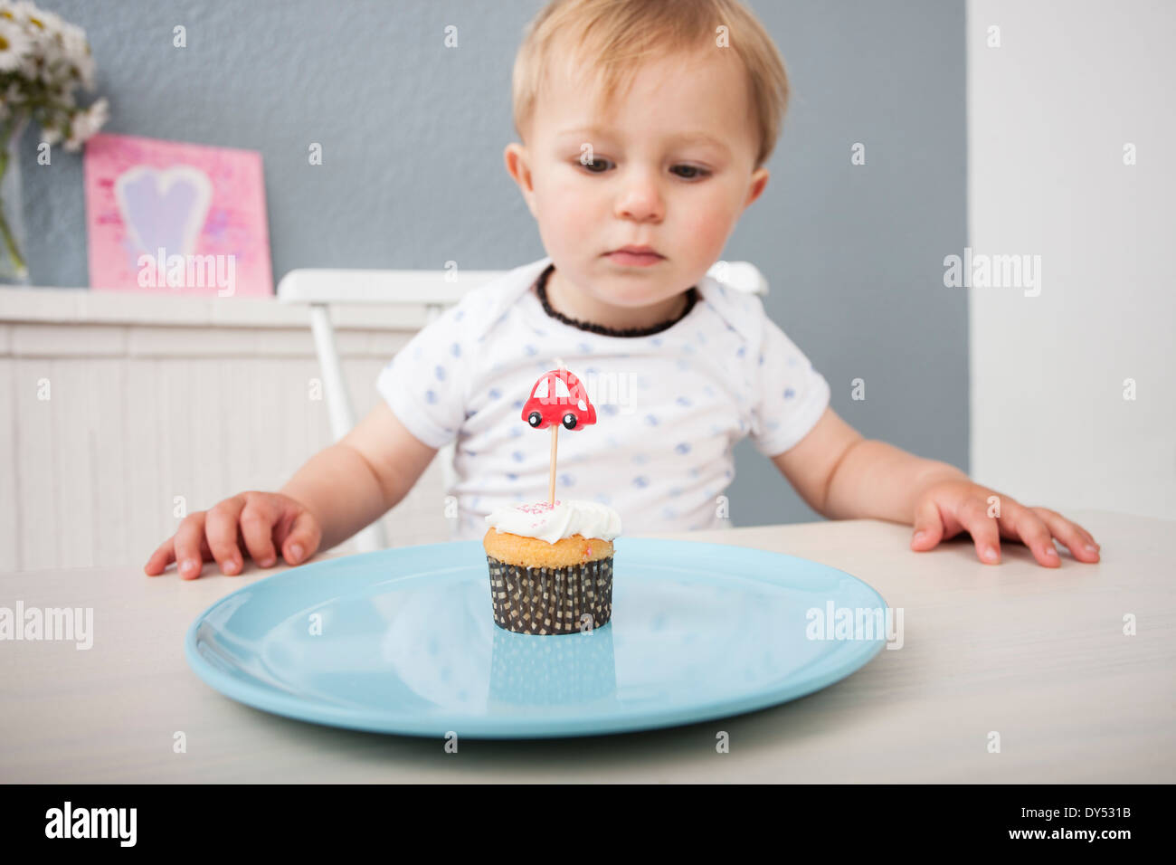 Baby boy looking at cupcake Stock Photo