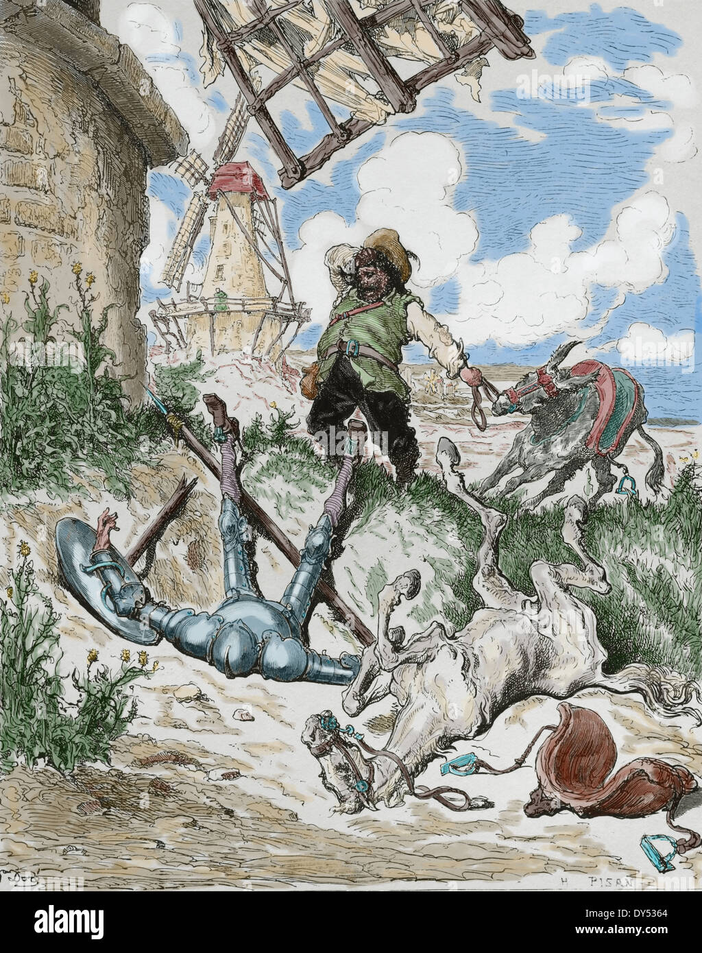 Don Quixote by Miguel de Cervantes. Sancho comes to Don Quixote's aid (part I, 8). Engraving by Gustave Dore, 1863. Stock Photo