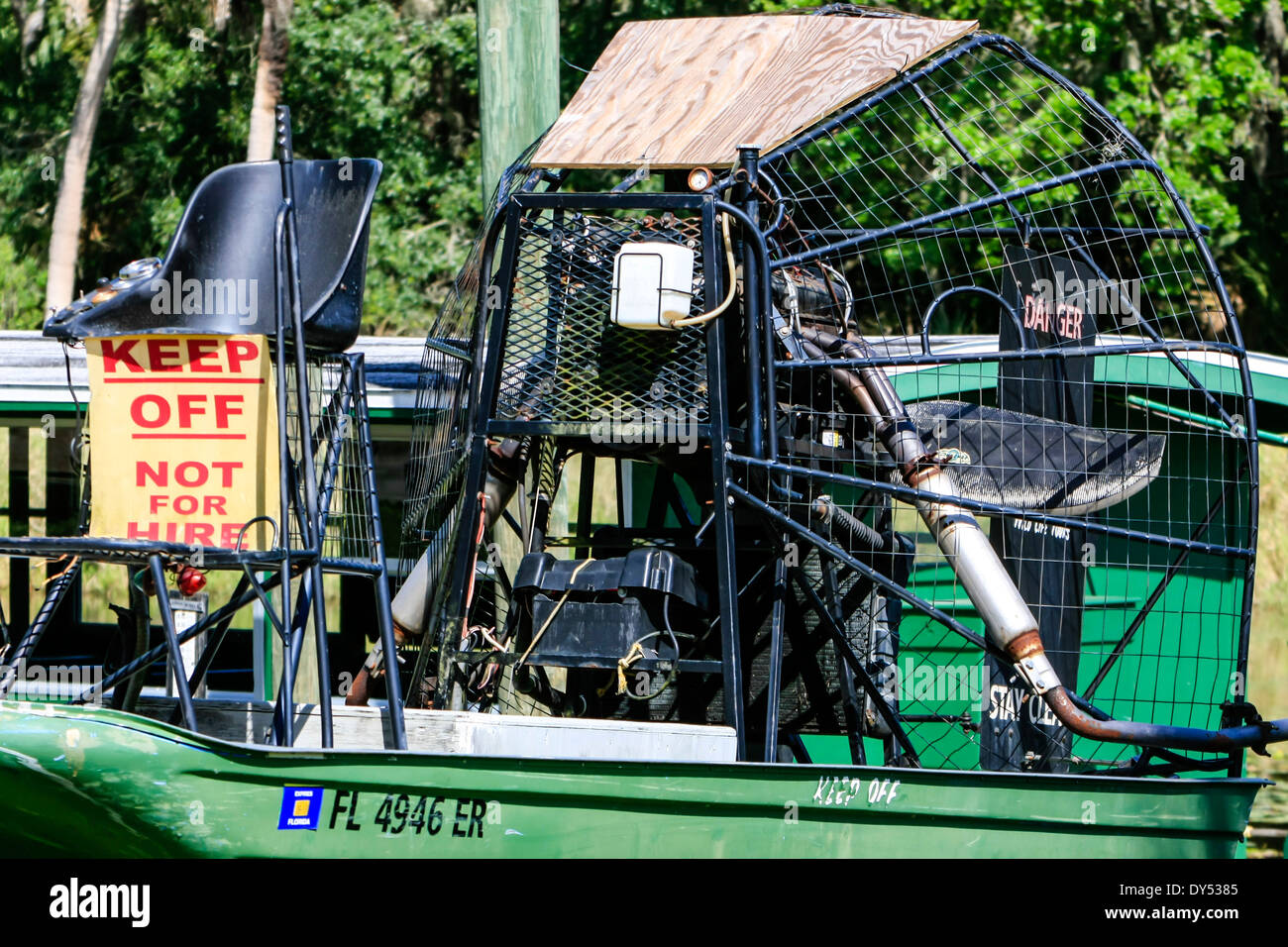 Florida Air Boat used in the Everglades because of it's flat bottom seen at the Ranger's Station in Myakka State Park FL Stock Photo