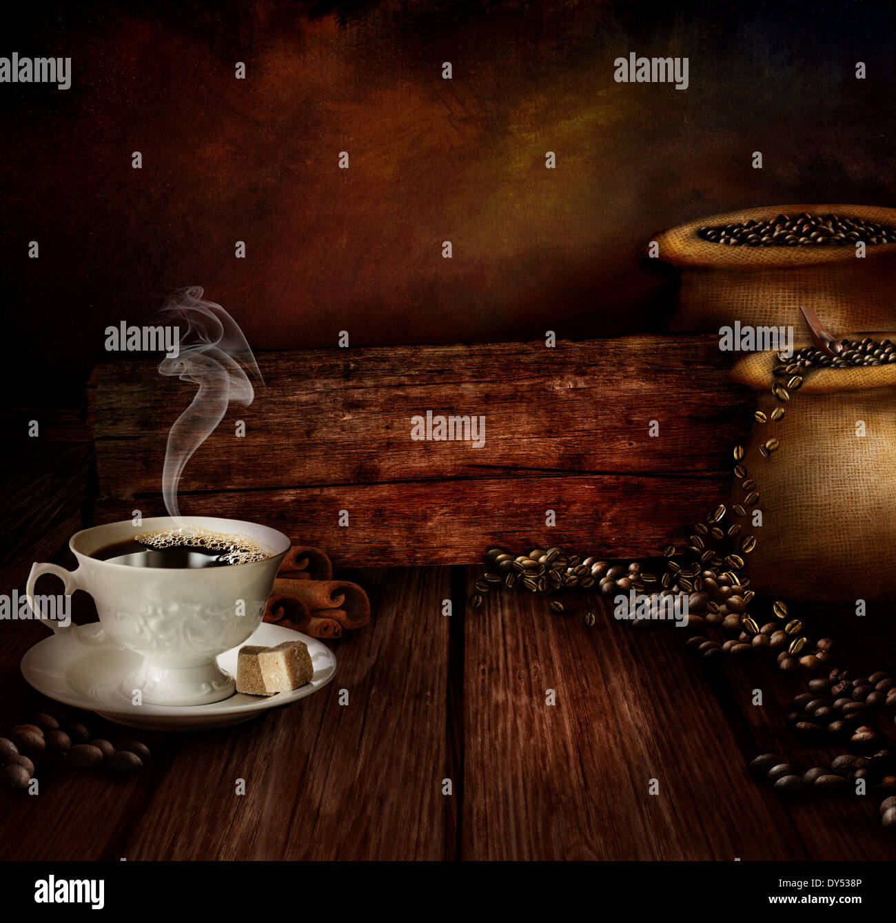 Coffee design - Black coffee. Background with Wooden table with black  coffee cup and steam. Damask background Stock Photo - Alamy