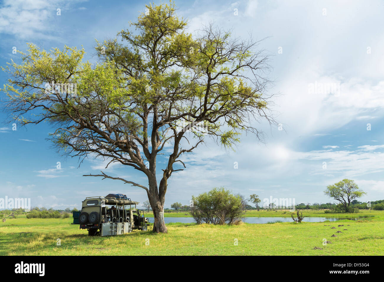 Stationary safari truck, Okavango Delta, Chobe National Park, Botswana, Africa Stock Photo