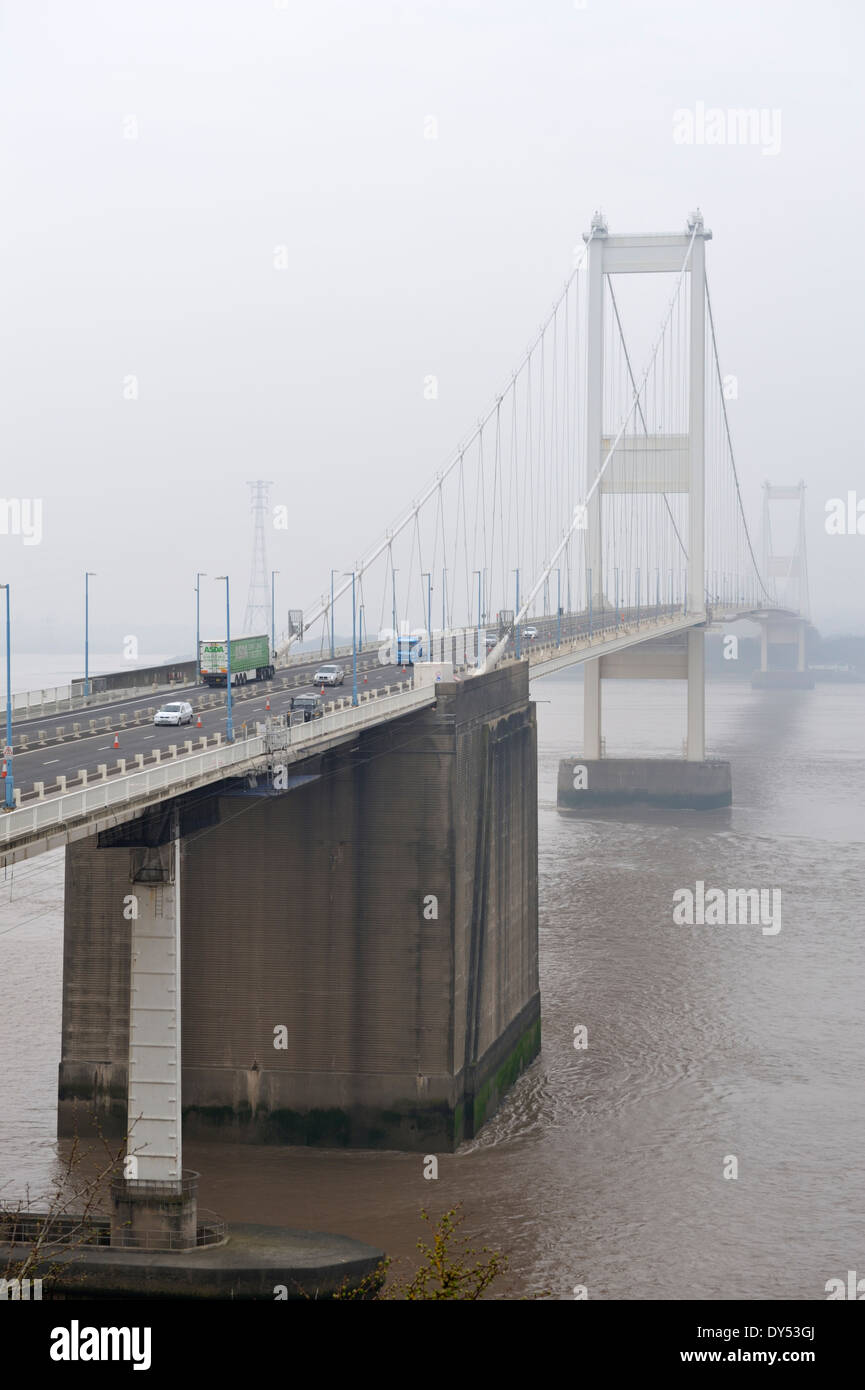 April 2014 smog increased by dust from Sahara as seen by Bristol old Severn Bridge to Wales. Seen from English side. Stock Photo