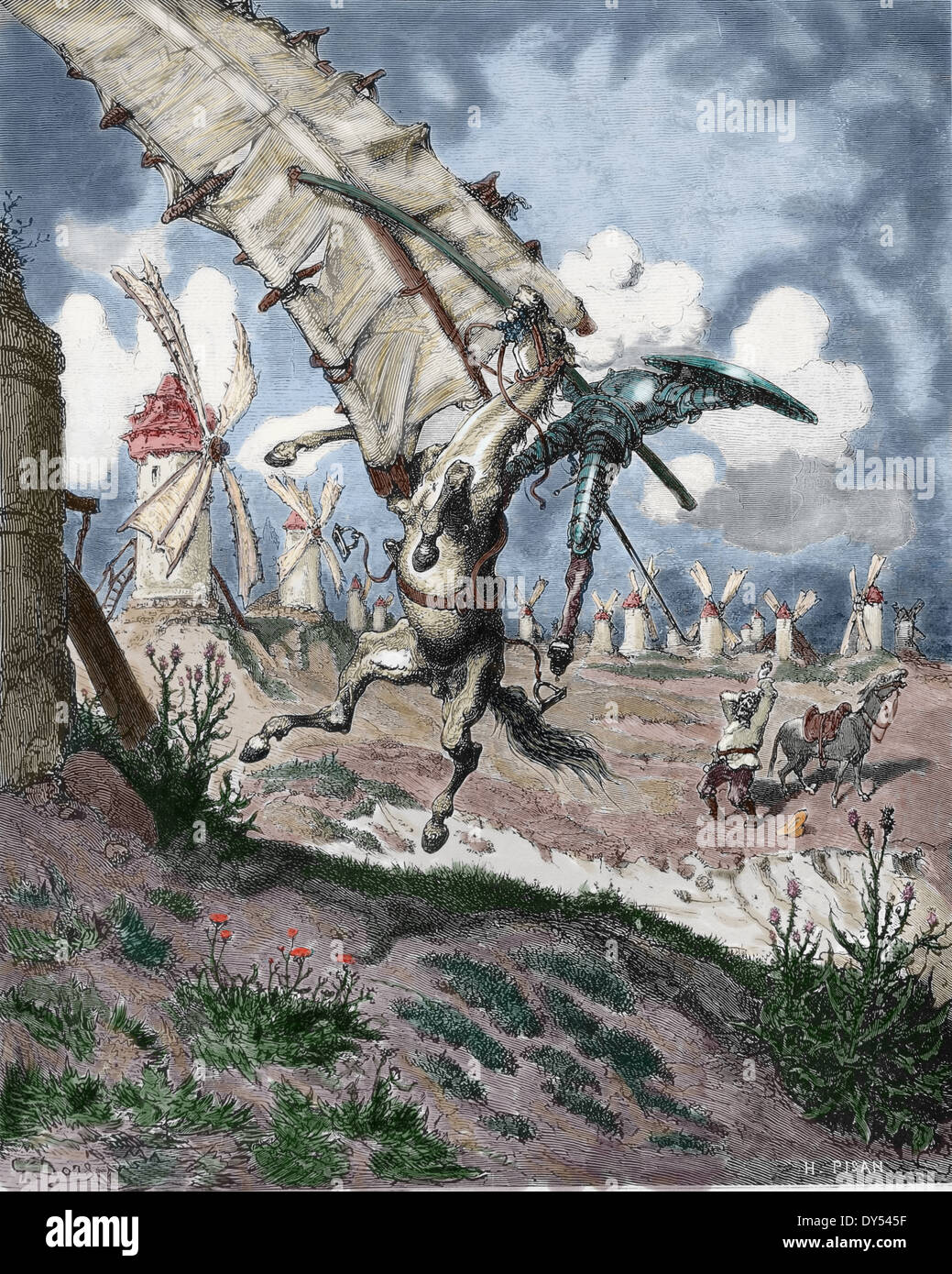 Don Quixote by Miguel de Cervantes. The attack on the windmill. (part I, 8). Illustrated by Gustave Dore (1832-1883) Stock Photo