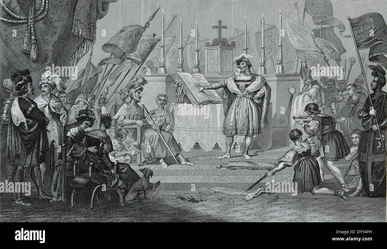 Young knight taking the solemn oath on the altar. Engraving Stock Photo