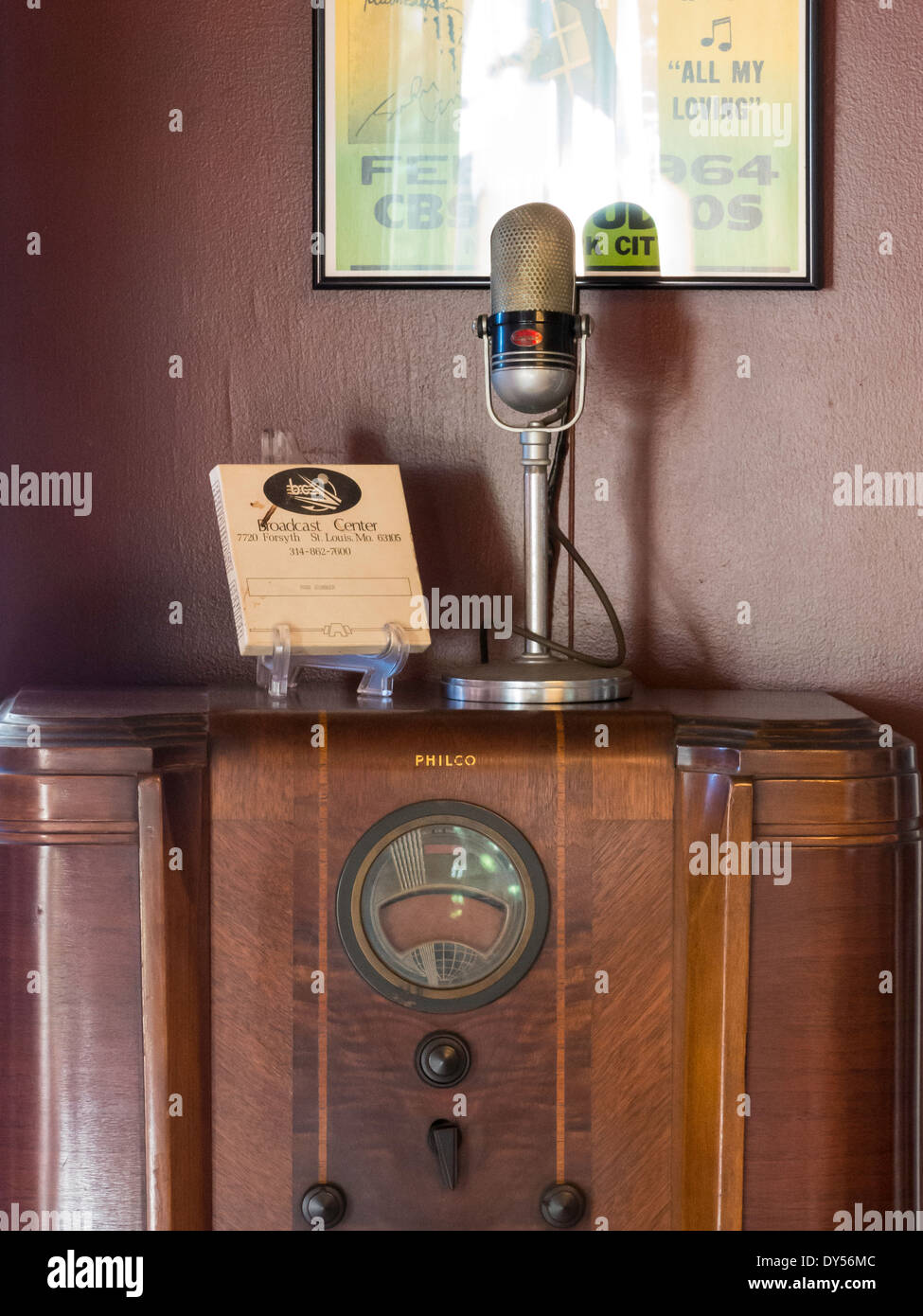 Antique Radio Cabinet and Microphone, Residential House, USA Stock Photo