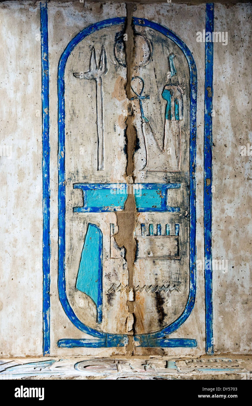 Temple of Ramses III at Medinet Habu:colored reliefs on the wall in the ...