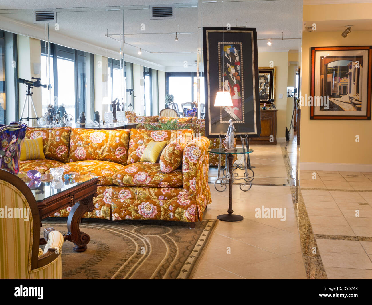 Luxury Condo Living Room with Wrap Around Windows, FL, USA Stock Photo