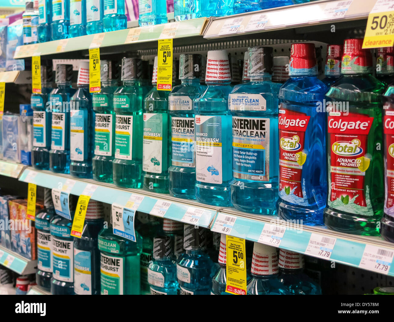 Bottles of Mouthwash in Oral Hygiene Section, CVS Drugstore, USA Stock