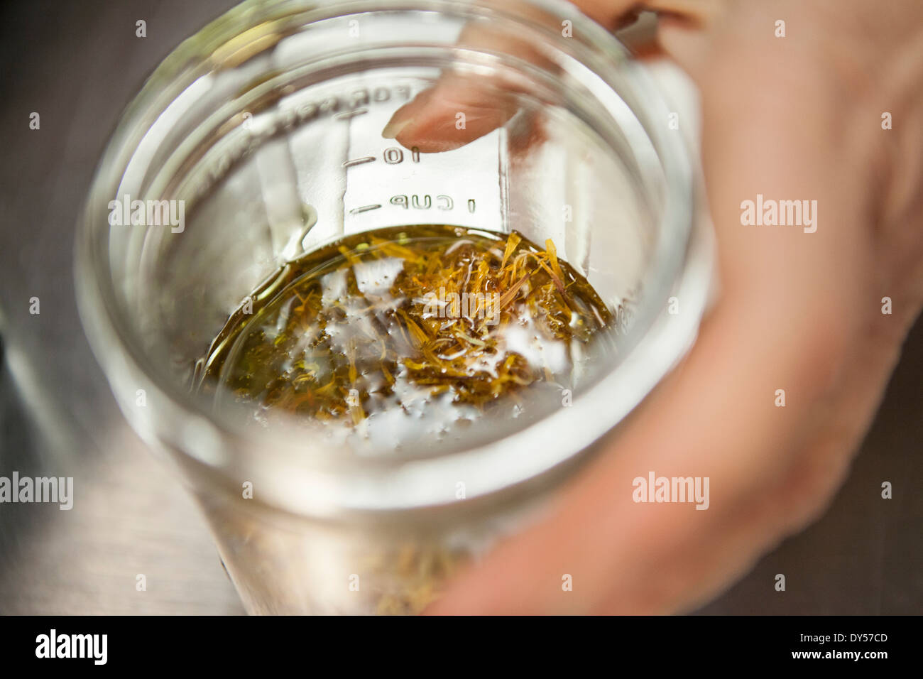 Making a remedy with calendula and olive oil in health foods store Stock Photo