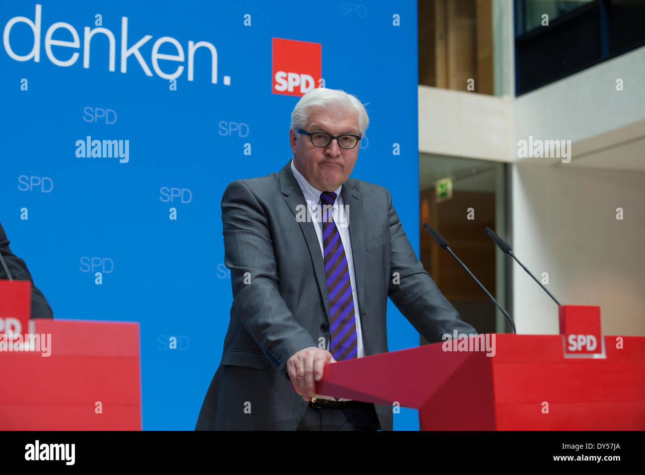 Berlin, Germany. 7th April, 2014. Joint press conference after the meeting of the SPD party executive with the party leader of SPD Sigmar Gabriel, the common top candidate of the European social democrats for the European election Martin Schulz and as well the Minister of Foreign Affairs Frank-Walter Steinmeier at Willy Brandt-Haus in Berlin. / Picture: Frank-Walter Steinmeier (SPD), German Foreign Minister. Stock Photo