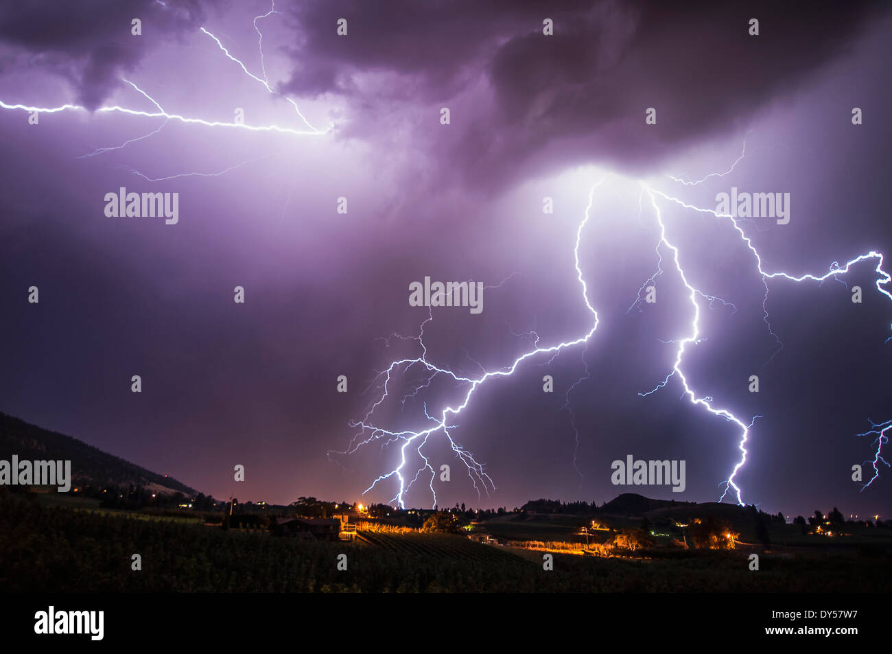Lightning bolts over south Okanagan Valley, Penticton, British Columbia, Canada Stock Photo